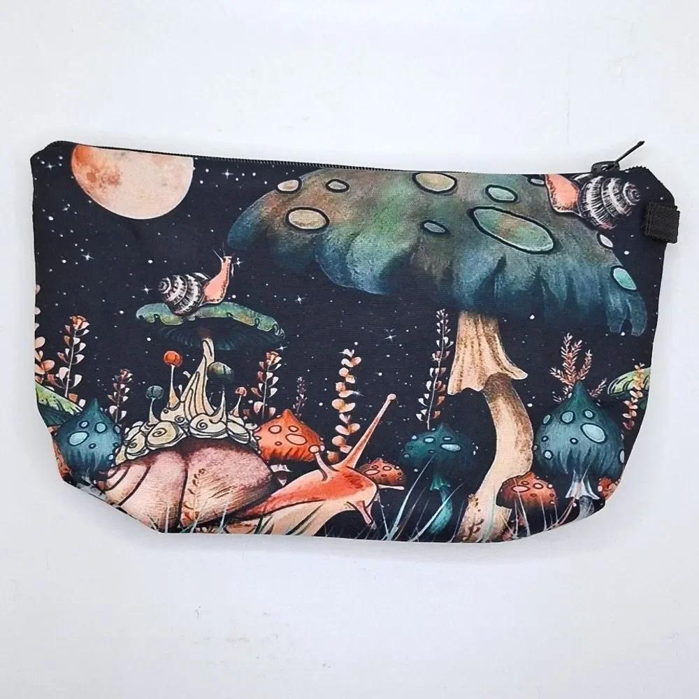 Mushroom village cosmetic bag clutch pouch nature inspired bag night sky